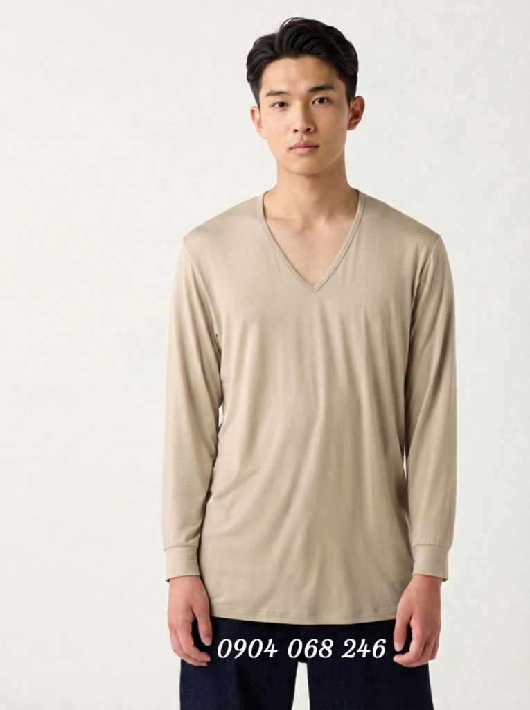 Áo giữ nhiệt nam Nhật Bản Heattech cổ tim loại mỏng màu da 31 BEIGE