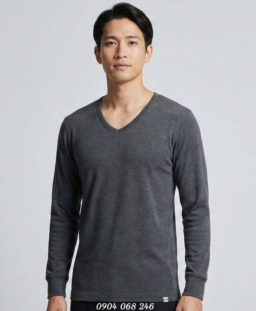 Áo giữ nhiệt nam Nhật Bản cổ tim loại dày vừa Extra Warm màu xám 08 DARK GRAY